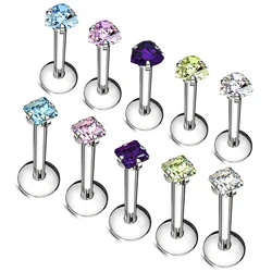 Stainless Steel Square CZ Internally Threaded Labret Stud Heart Shape Zircon Ear Cartilage Tragus Helix Daith Piercing Jewelry