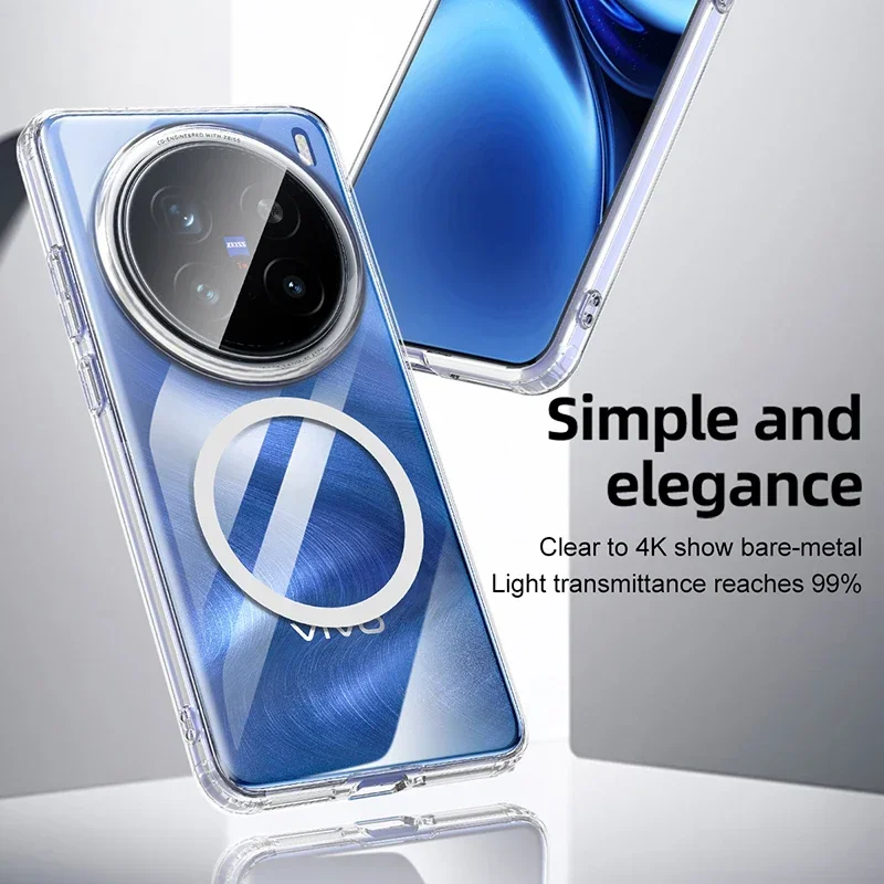Vivo X200 Ultra X100S Pro 전화 케이스 자기 Magsafe 무선 충전 투명 충격 방지 소프트 에지 PC 뒷면 커버 케이스