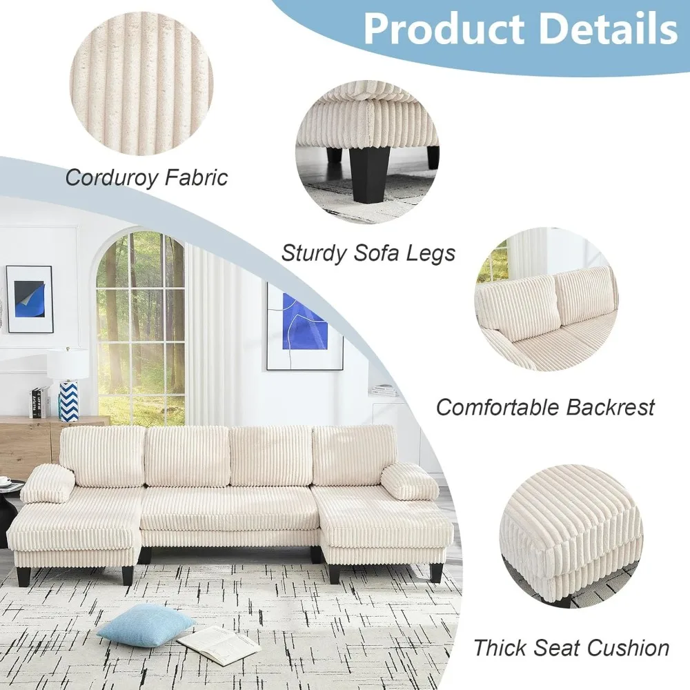 Sofá secional conversível em forma de U com espreguiçadeira dupla, estofamento de veludo, almofada dupla para sala de estar Cloud Comfort