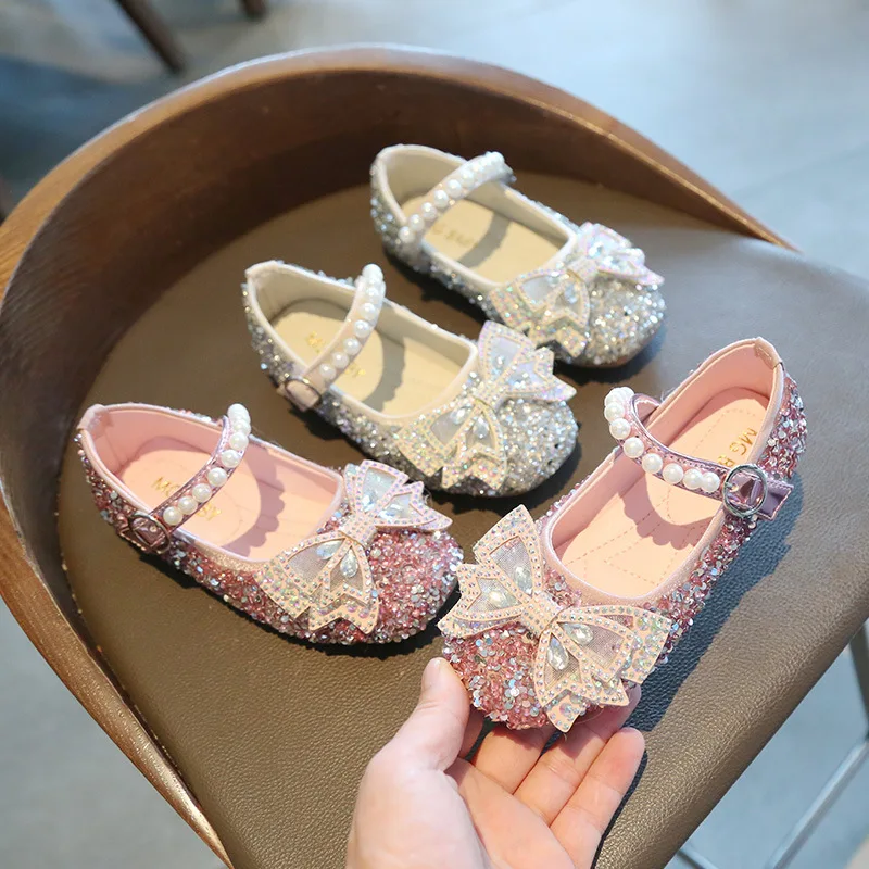 Children's Leather Shoes 2023 Autumn New Rhinestone Bow Princess Shoes for Girls Korean Style Velcro Baby Pumps