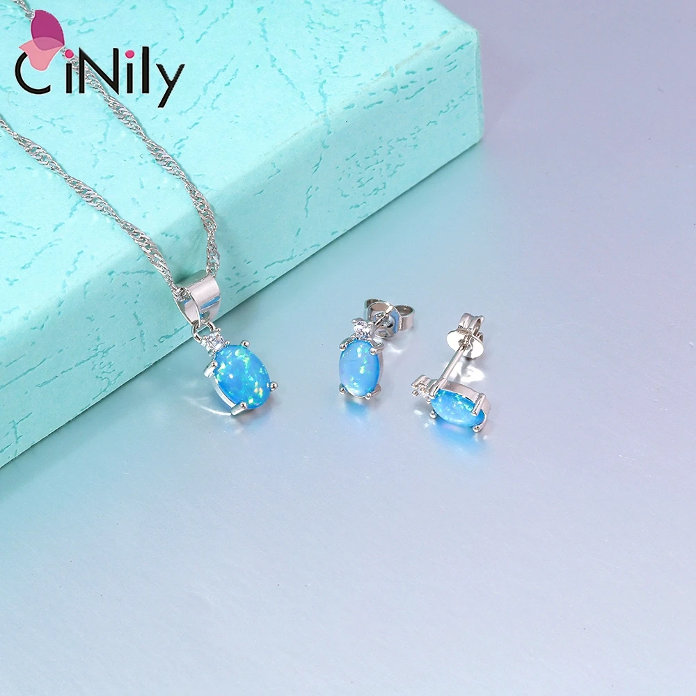 CiNily Fashion Created Blue Fire Opal Jewelry Sets for Women Silver Plated Wholesale Oval Stone Necklace Pendant&Stud Earrings