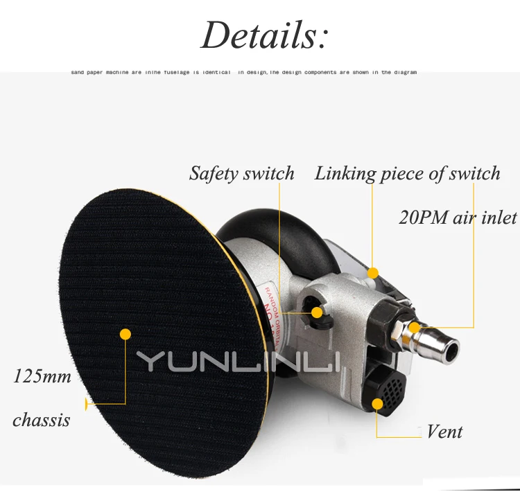 Pneumatic Polishing Machine Grinder 5 Inch/125mm Sandpaper Machine Air Sander Polished Grinding Machine Hand Tools ULC-1025