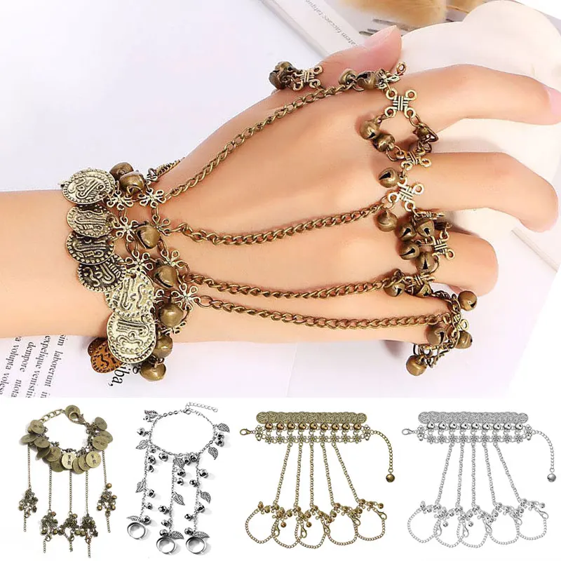 Women\'s Bohemian Bracelet Vintage Coins Bell Ring Bracelet Jewelry Belly Dance Hand Back Chain Bracelet Hand Decoration