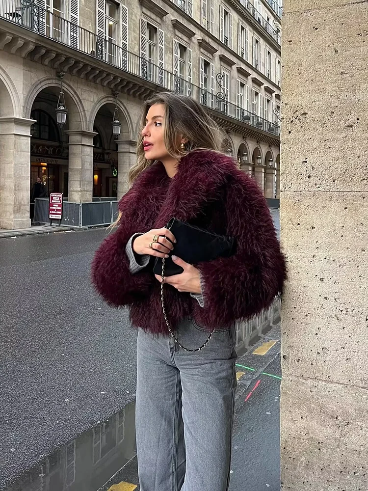 ZHUISHU Winter Women Wine Red Faux Fur Jackets Female Thick Warm Turn-down Collar Coats Ladies Chic Outerwear