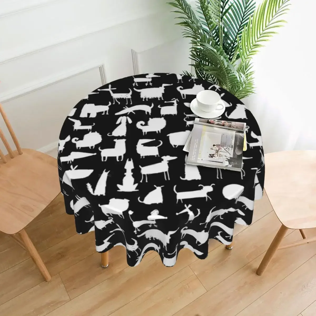 ผ้าปูโต๊ะภาพเงารูปสัตว์สีขาวพิมพ์ลายสุนัขผ้าปูโต๊ะทรงกลมผ้าคลุมโต๊ะน่ารักสำหรับรับประทานอาหารในห้องนั่งเล่น