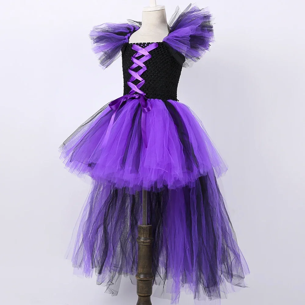 Girls Evil Queen Maleficent Costume Kids Halloween Witch Tutu Dress Black Purple High Low Girls Carnival Party Dress Up Clothes