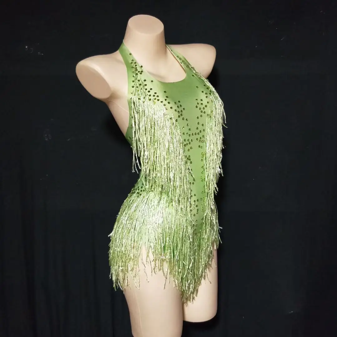 Glitter leotard คริสตัล Fringe บอดี้สูทผู้หญิงไนท์คลับชุดปาร์ตี้เต้นรําเครื่องแต่งกายสวมใส่เซ็กซี่ประสิทธิภาพแสดง Leotard