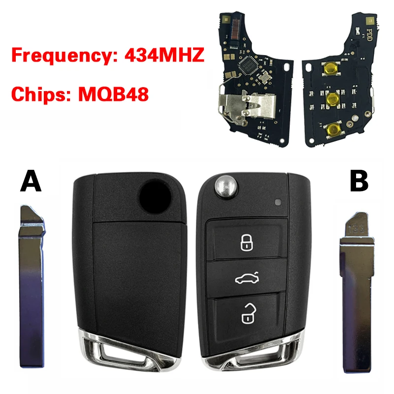 New Upgrade Auto Smart Remote For Volkswagen Tiguan Touran Sharan 3 Button ASK 434MHz ID48 MQB Chip Flip Car Key CN001142