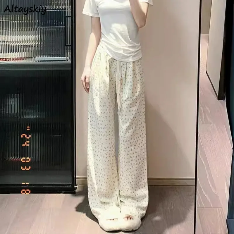 Pants Women Floral High Waist Korean Fashion Streetwear All-match Full-length Cozy Wide Leg Trousers Age-reducing Joggers Ins