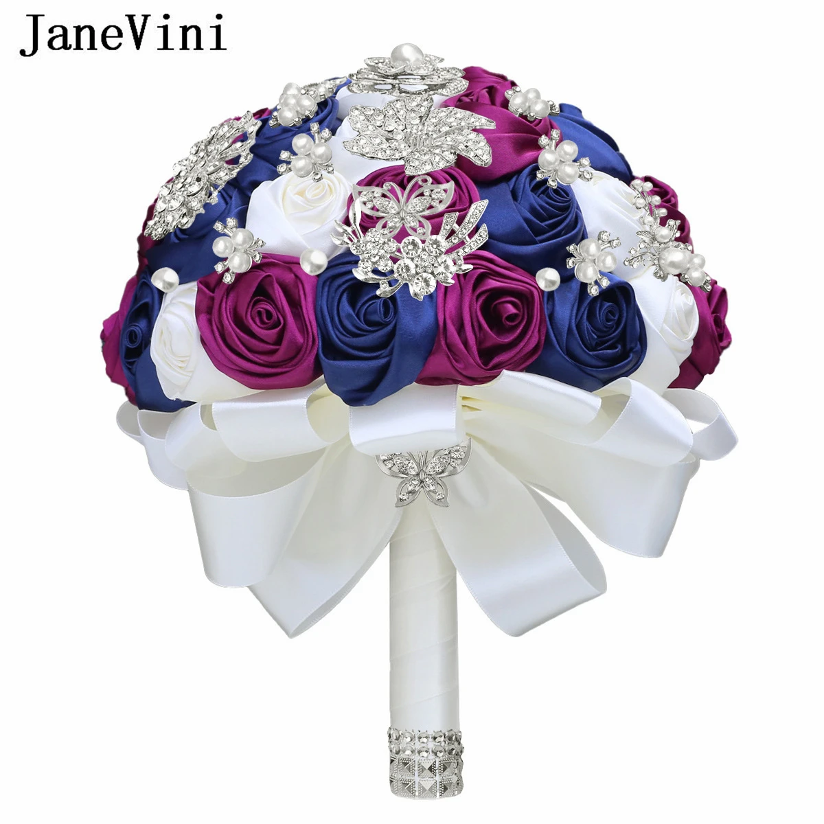 JaneVini Ramo Novia Fuchsia Rose Bride Wedding Bouquet Flowers Bridesmaid Crystal Rhinestone Diamond Bridal Bouquets Luxurious