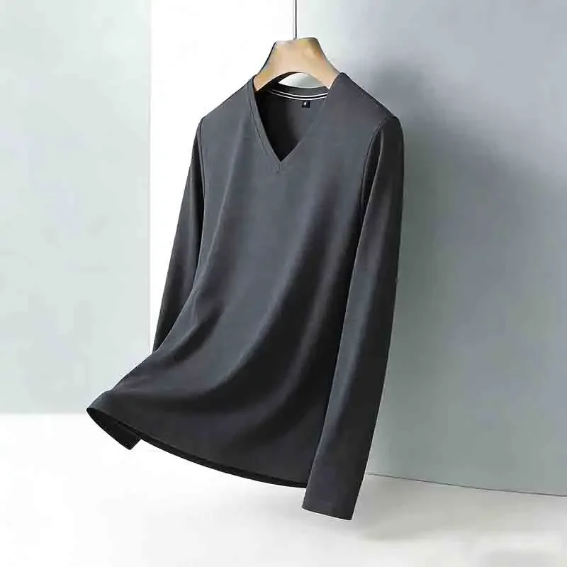 Bruin heren T-shirt met V-hals, lange mouwen, kreukherstellend, makkelijk te onderhouden, ademend, casual top - afbeelding 2