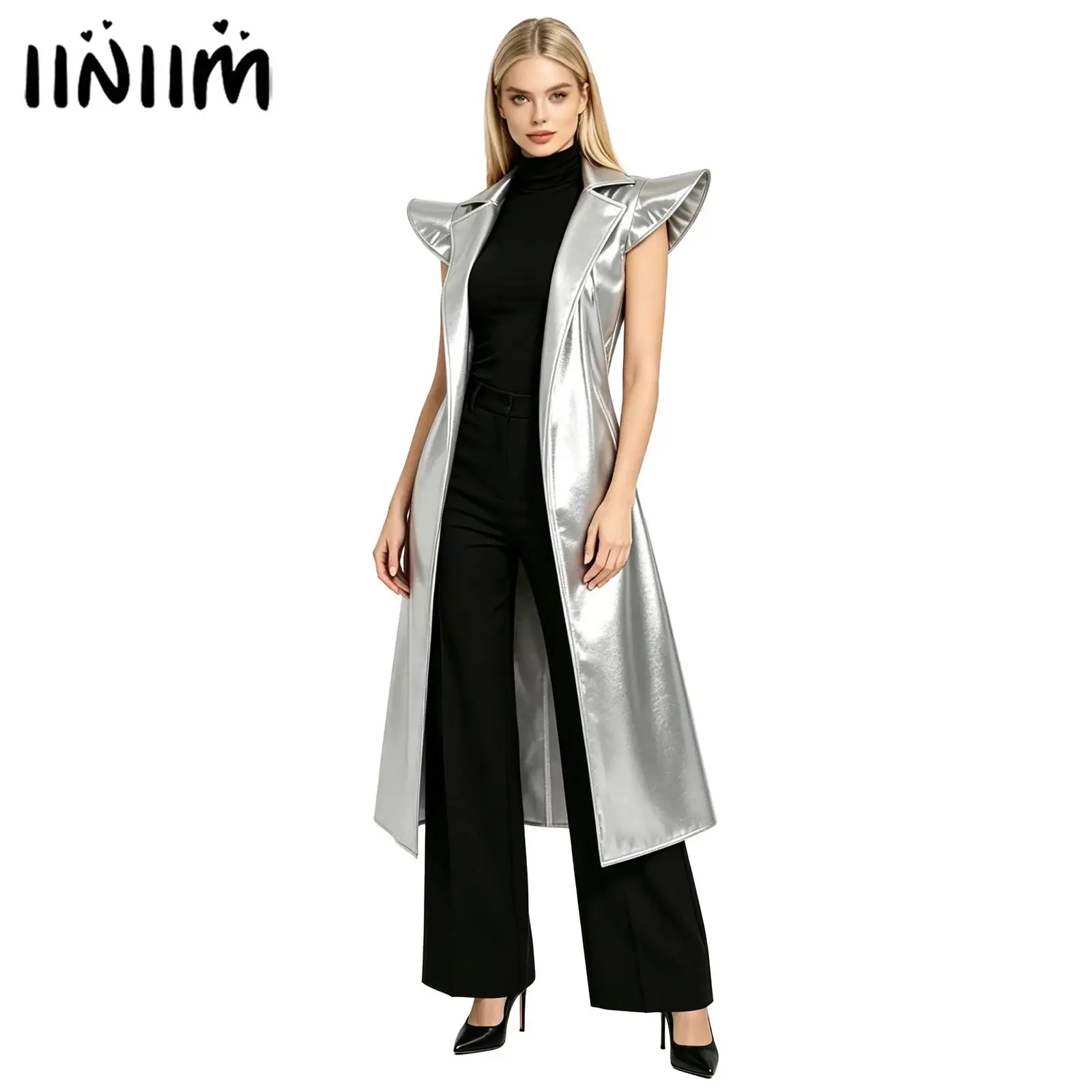 

Womens Sleeveless Trench Coat in Iridescent Metallic Shiny Chic Open-Front Long Jacket Coat Jazz Rock Music Festivals Clubwear