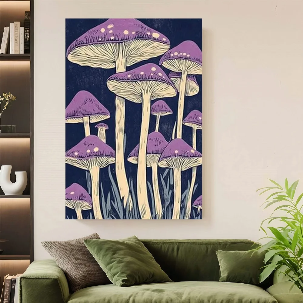 

Framed 1pc Dreamy Mushroom Forest Canvas Art With Wooden Frame – Vibrant Purple & Yellow Mushroom Painting, Dark Blue Background