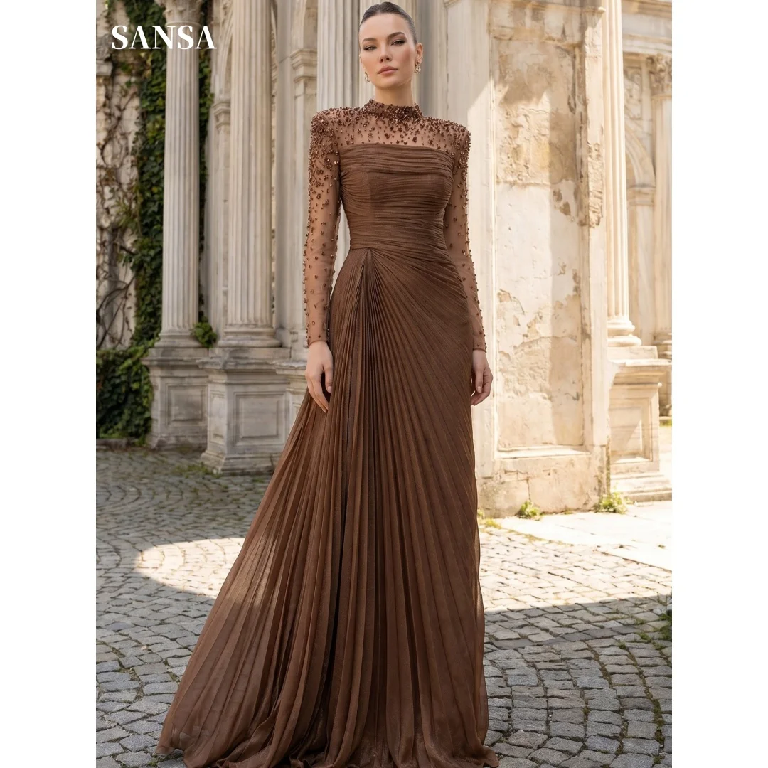 Sansa Customized Brown Prom Dresses High Neck Long Sleeve Crystal Beaded Vestidos De Noche Tulle Multilayer Pleat Formal Evening