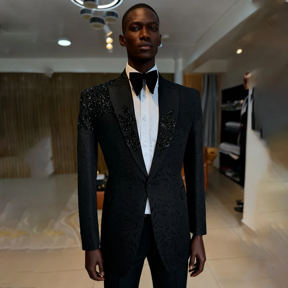 

Yimi Black Men's Suit 2 Piece Peaked Lapel One Single Button Jacquard Wedding Suit Beading Evening Prom Blazer Jacket Customized