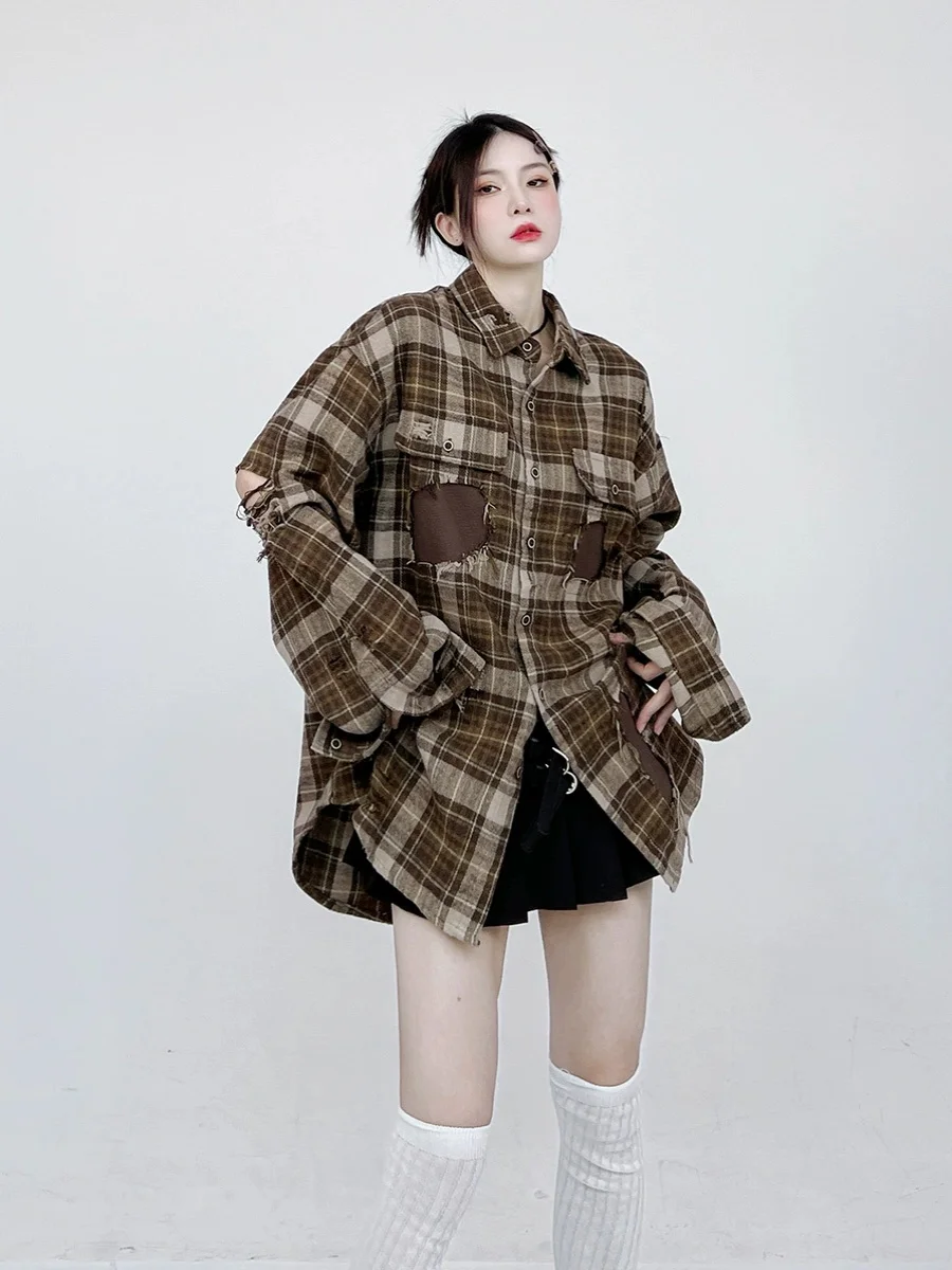 

Oversized Plaid Patchwork Blouses Vintage Streetwear Boyfriend Shirt For Ladies Ulzzang Harajuku Long Sleeve 2025 Blusas Tops