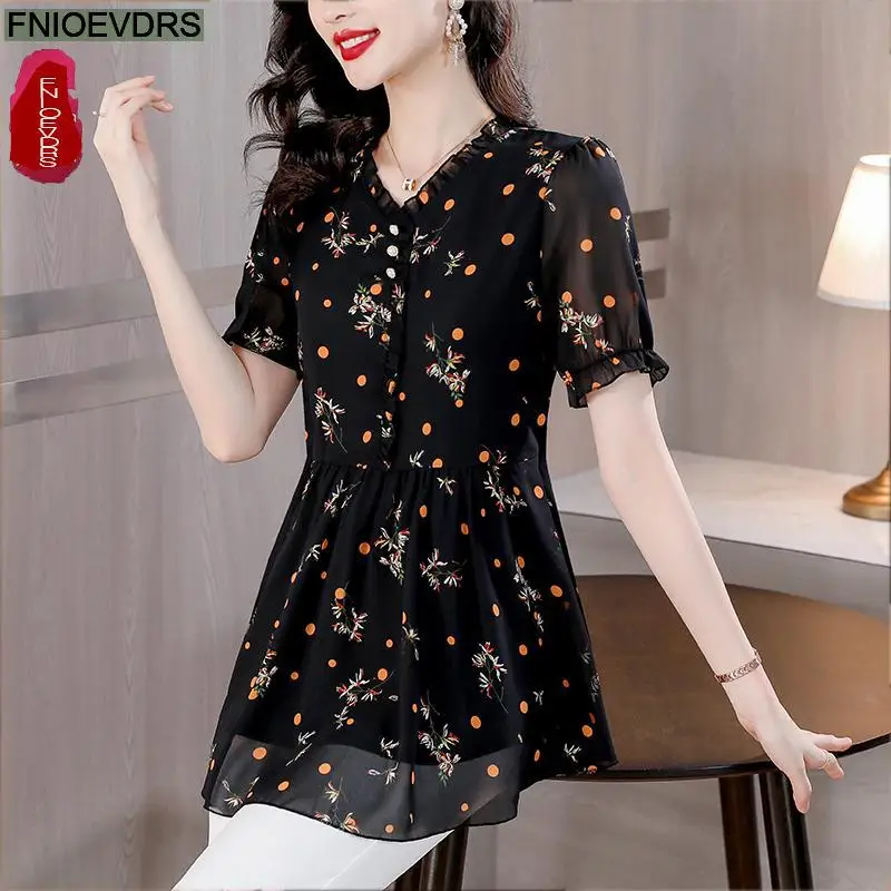 M-4XL 2023 Loose Clothes Women French Design Elegant Office Lady Black Chiffon Shirt Retro Flower Print Peplum Tops Blouses