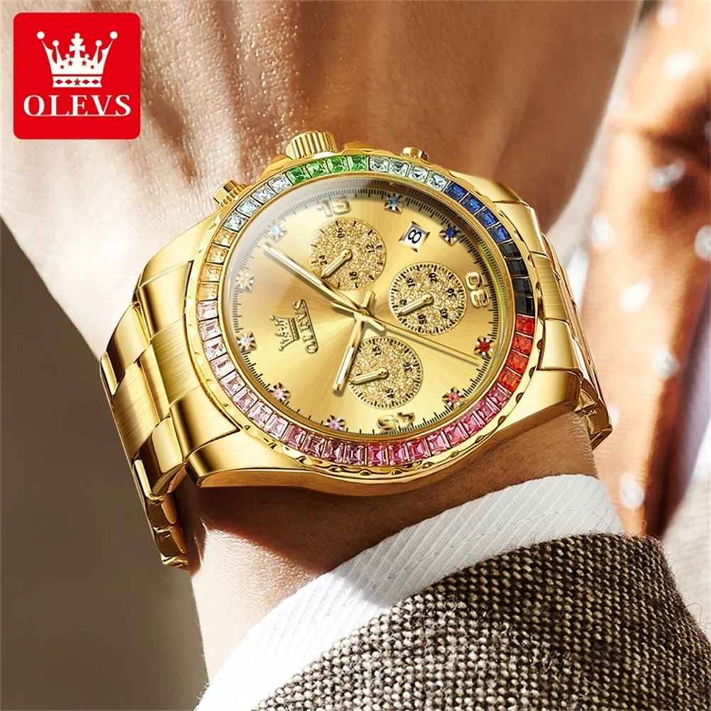 OLEVS Rainbow Diamond Inlaid Quartz Watch for Men Luxury Brand Chronograph Waterproof Watch Man Stainless Steel Men's Wristwatch