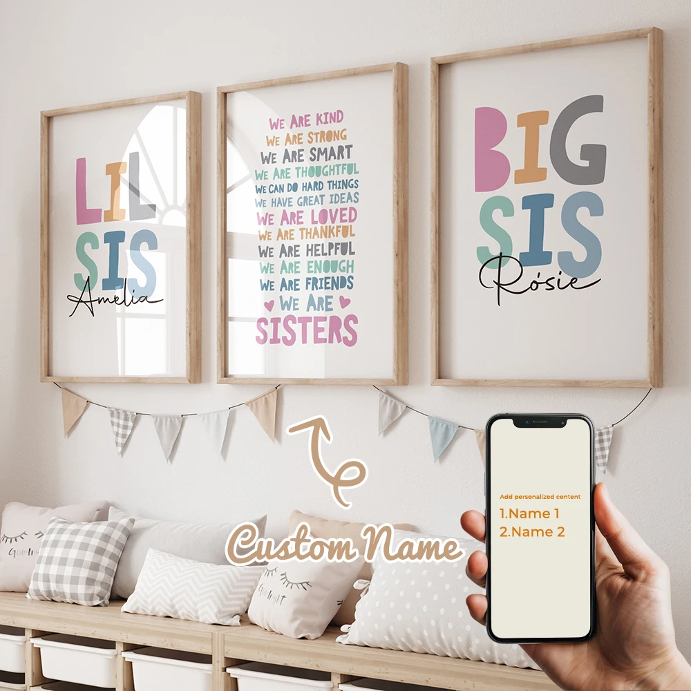 3pcs Personalized Name Custom Big Sis Lil Sis Sisters Gift Best Friends Wall Art Print Picture Living Room Kids Room Home Decor