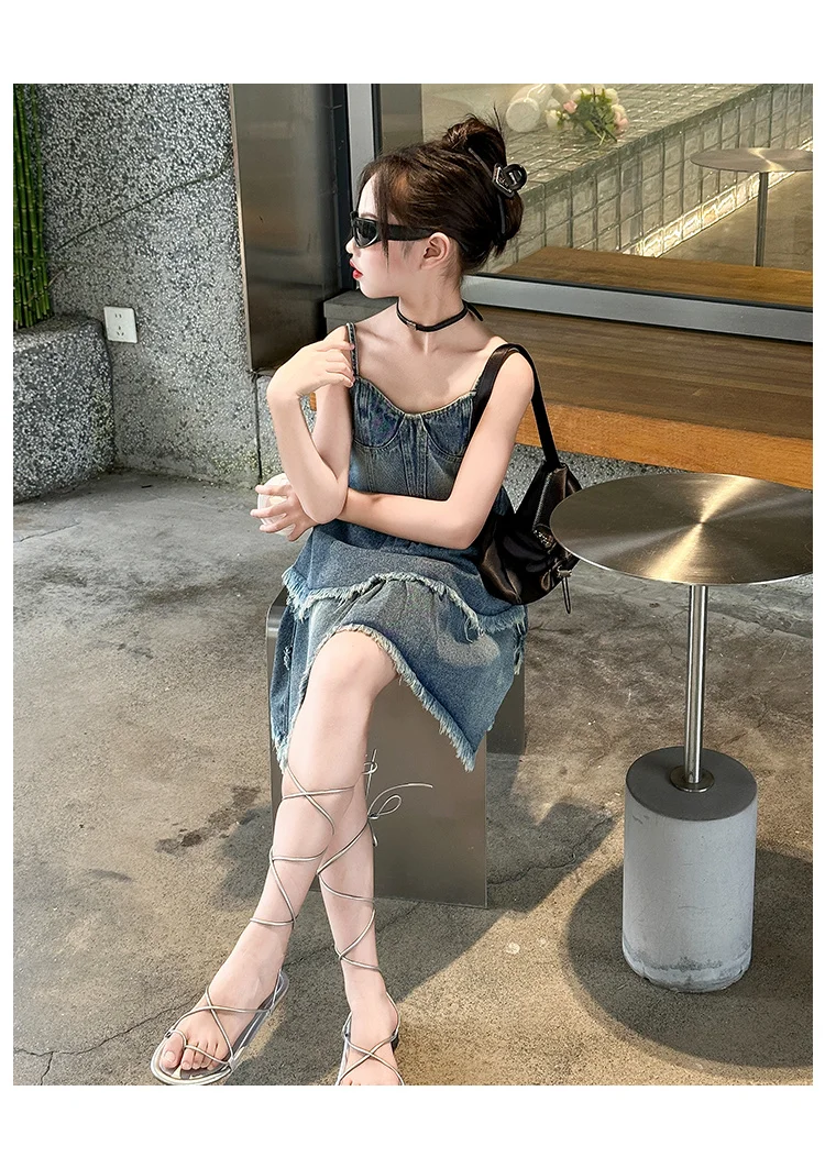Jeanskleider für Teenager-Mädchen, ärmellose Sommerkleider, einteilige Kleidung, Kinder-Jumpsuit, Overalls, einfarbiges Kleid, modisches Kinderkostüm – Detail 4