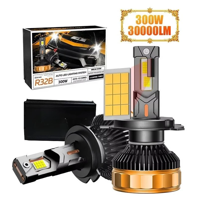 

300W High Power Car LED Headlight Bulbs Quad Copper Tube 6000K White 12V 24V Auto LED Headlamp Upgrade H7 H4