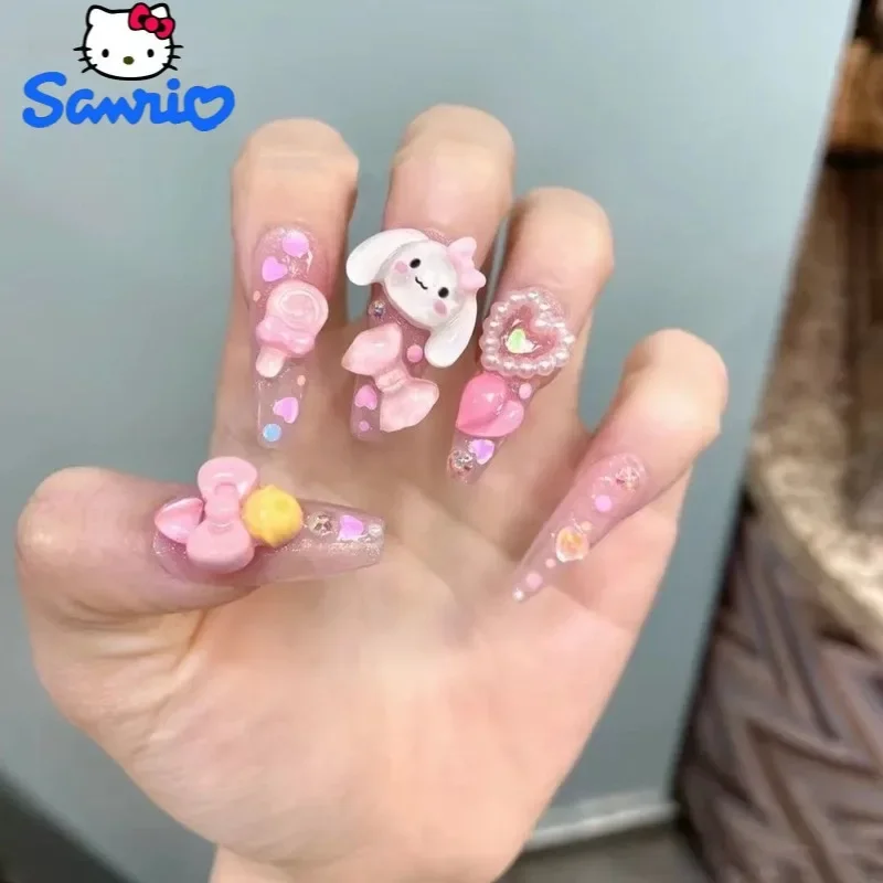 Sanrio Press-on  Nails Hello Kitty Kuromi Cinnamoroll Pompom Purin Hand-painted Cute Anime Cartoon Bow Kawaii Y2k Nail Patch