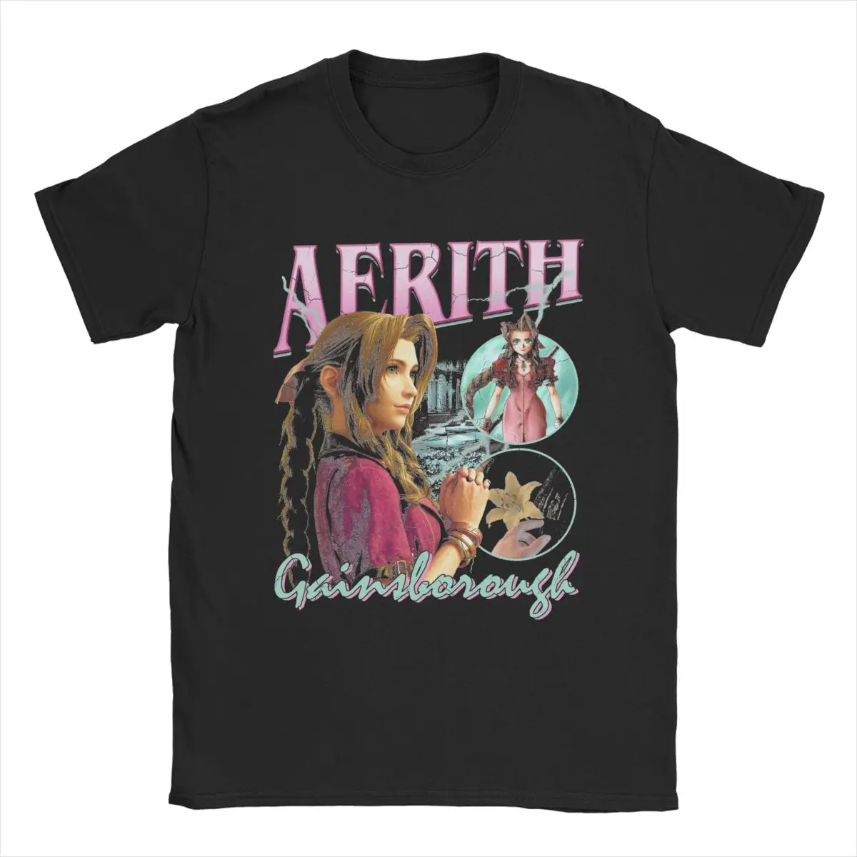 Vintage Aerith Gainsboro Final Fantasy 7 T-Shirt for Men Crewneck Pure Cotton T Shirts Short Sleeve Tees Gift Idea Clothing