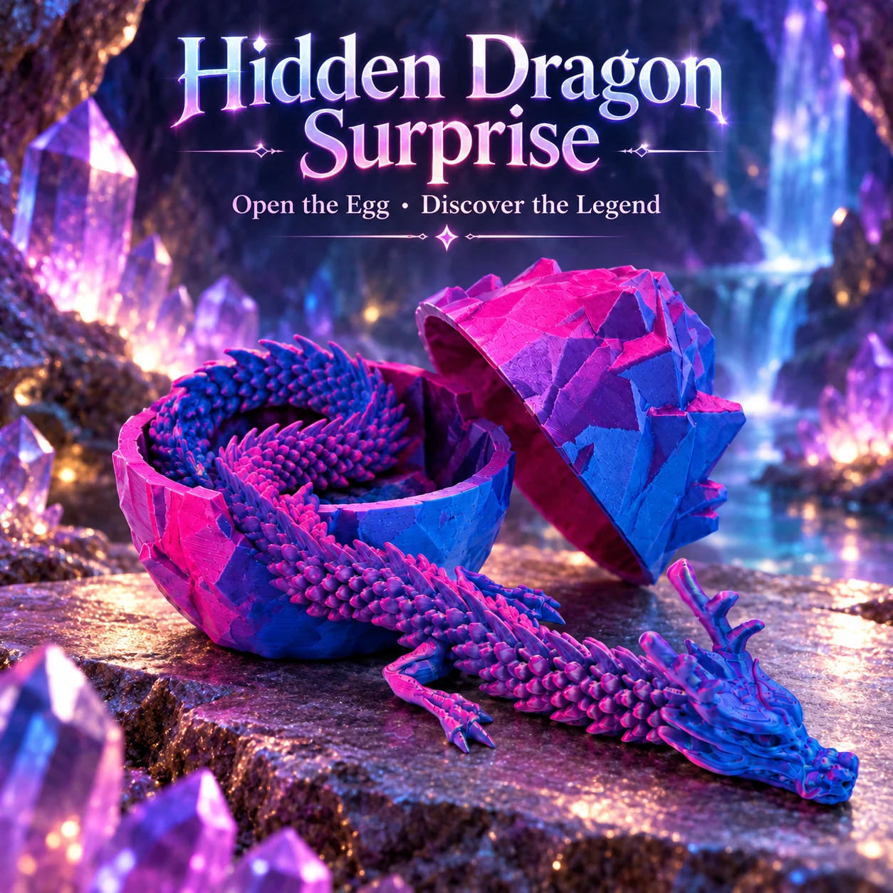 3D Printed Crystal Dragon Egg Toy, Articulated Flexible Dragon with Split Egg Storage, Fantasy Decor Christmas Gift