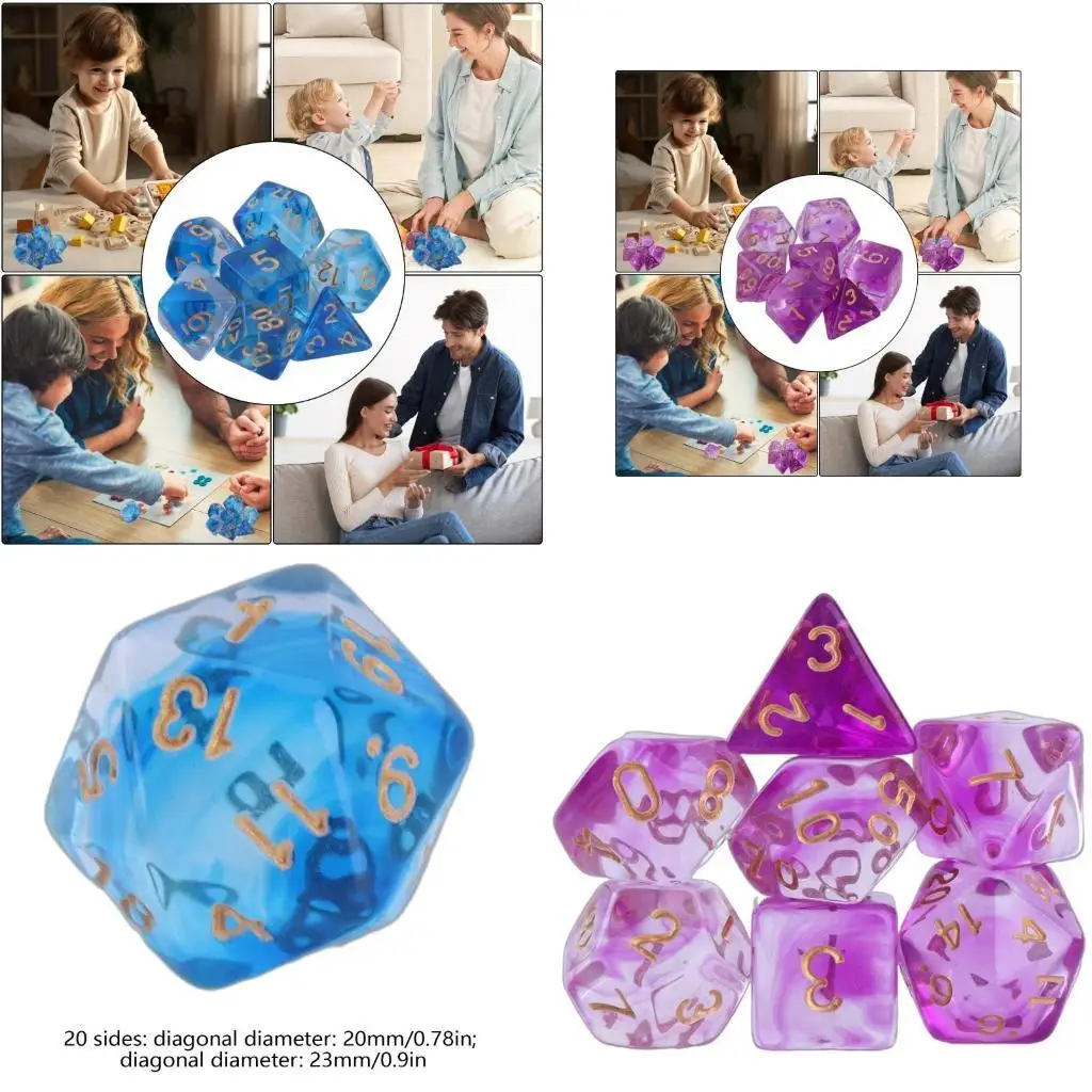 

R6FE 7pcs Красочные чистые настольные игры в кубиках Акриловые многогранники многопрофильные игровые кубики для ролевых пьес.