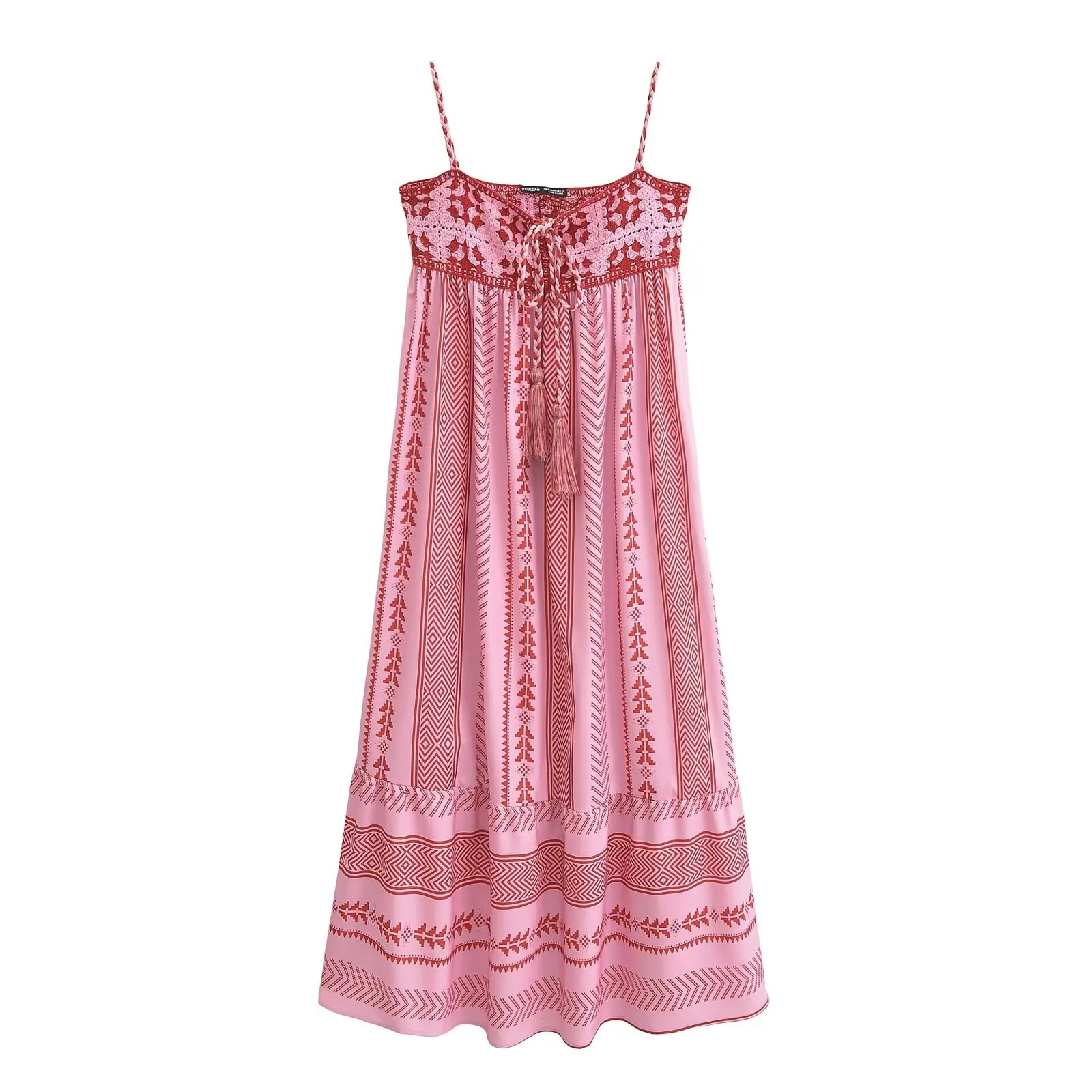 

Bohemian Print Midi Dress Women Summer Vacation Splice Knitted Vintage Strap Dress Sweet Pink Embroidered Loose Vestidos Mujer