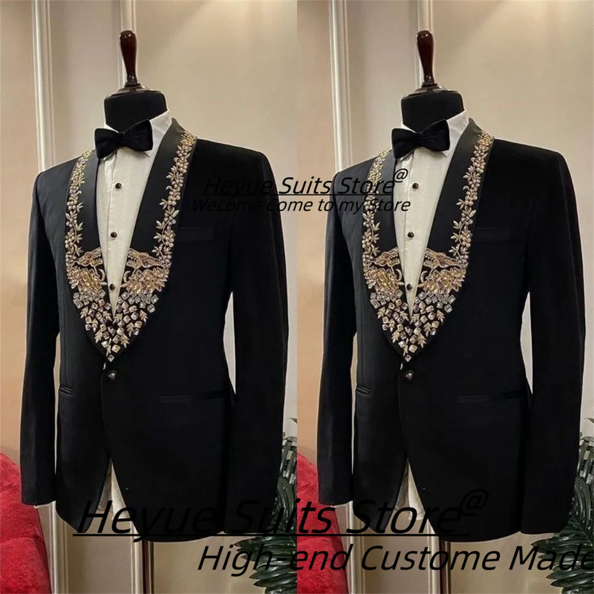 

Luxuly Black Gold Embroidery Men Suits Slim Fit Shawl Lapel Groom Wedding Tuxedos 2 Pieces Sets Male Prom Blazers Costume Homme