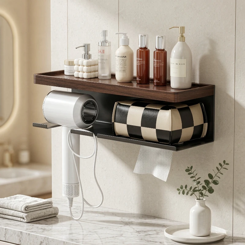 Walnut Wood Bathroom Organizer No Drill Hair Dryer Holder Facial Towel Tissue Box Wall Shelf Water Resistant Home Use 욕실 선반