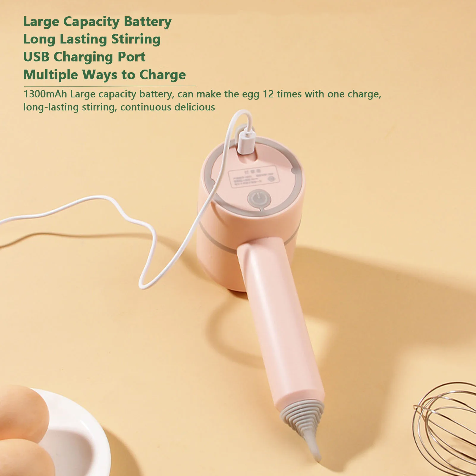 Hand Mixer Electric Long Lasting Stirring Powerful Motor Removable Egg Stick Electric MixerPink Wireless 2 Sticks