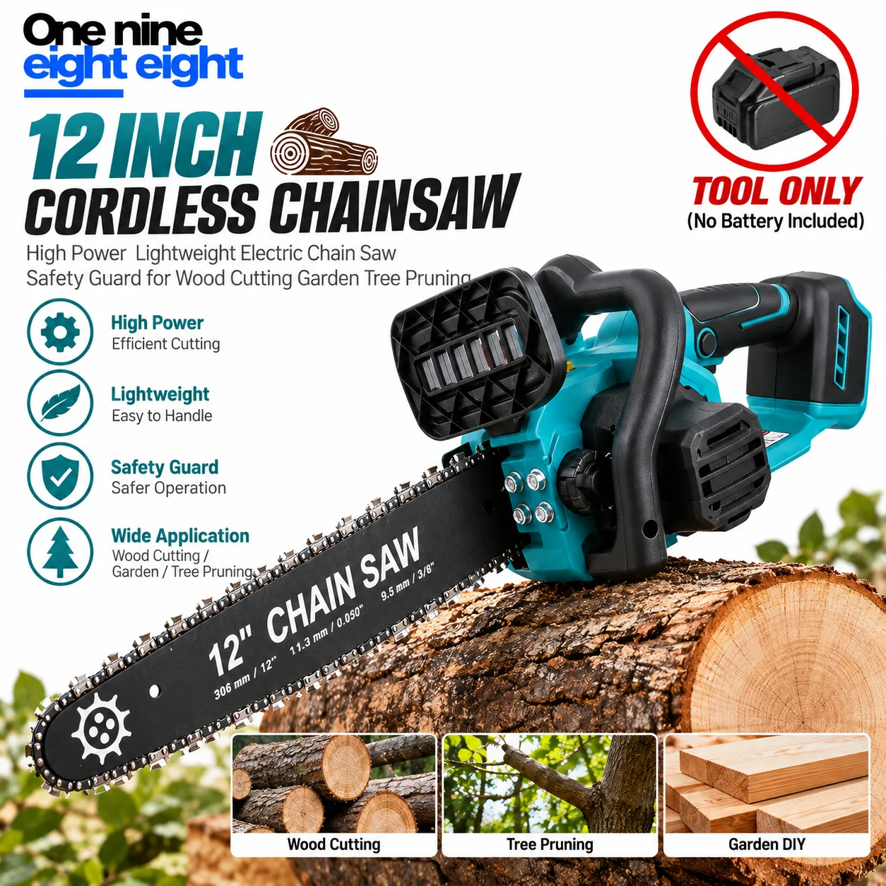 One Nine Eight Eight 12 Inch Cordless Chainsaw High Power Lightweight Electric Chain Saw Safety Guard for Wood Cutting Garden Tr