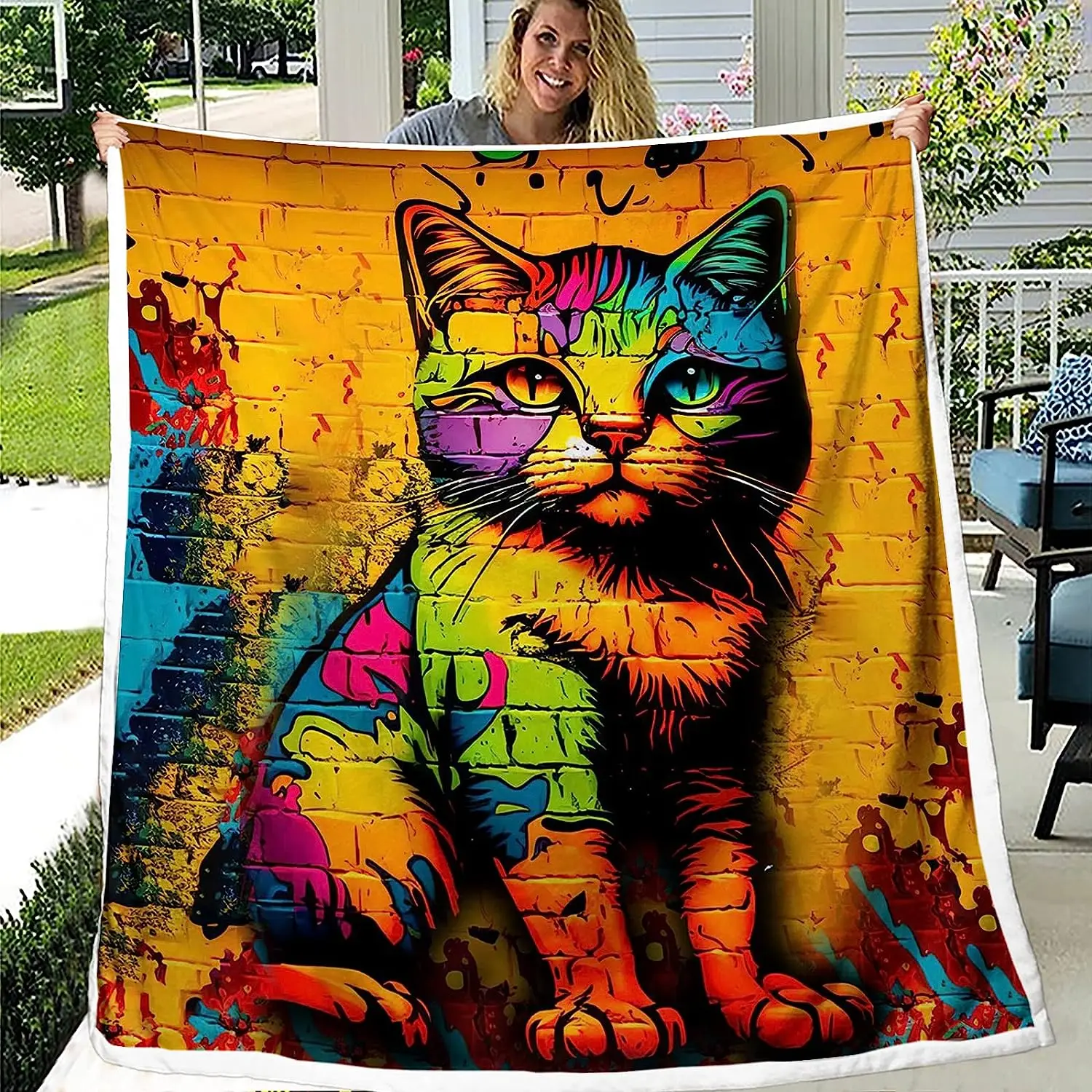 Colorful Cat Sherpa Fleece Throw Blanket, Watercolor Abstract Wall Art Cat Blanket for Women Cat Lovers, Fuzzy Soft