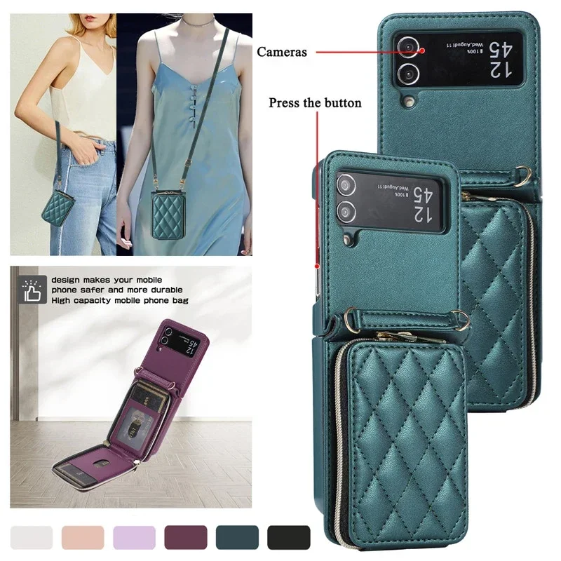 

Кожаный чехол-кошелек на молнии с ремешком через плечо для Samsung Galaxy Z Flip 6 5 4 3, роскошный чехол-подставка на запястье, сумка-подставка