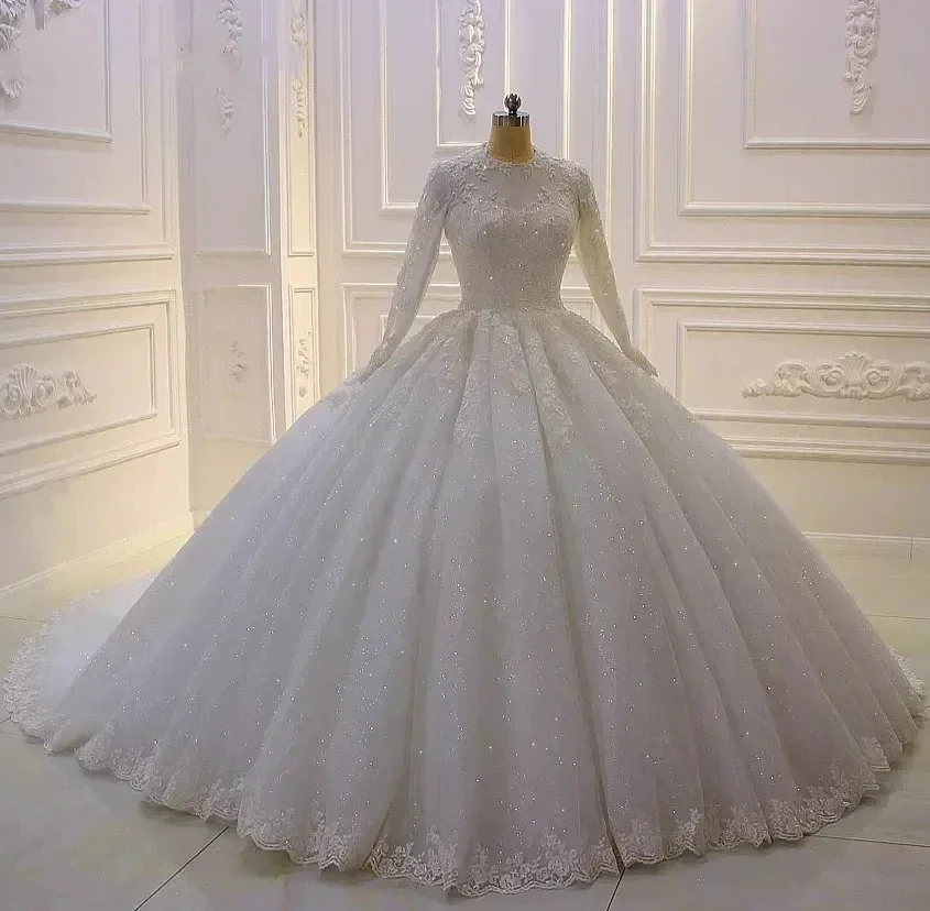 Customized  Muslim Long  Sleeves Ballgown Wedding Dress Vestido De Noiva Sweep Train Lace Appliques Puffy Bridal  Gowns