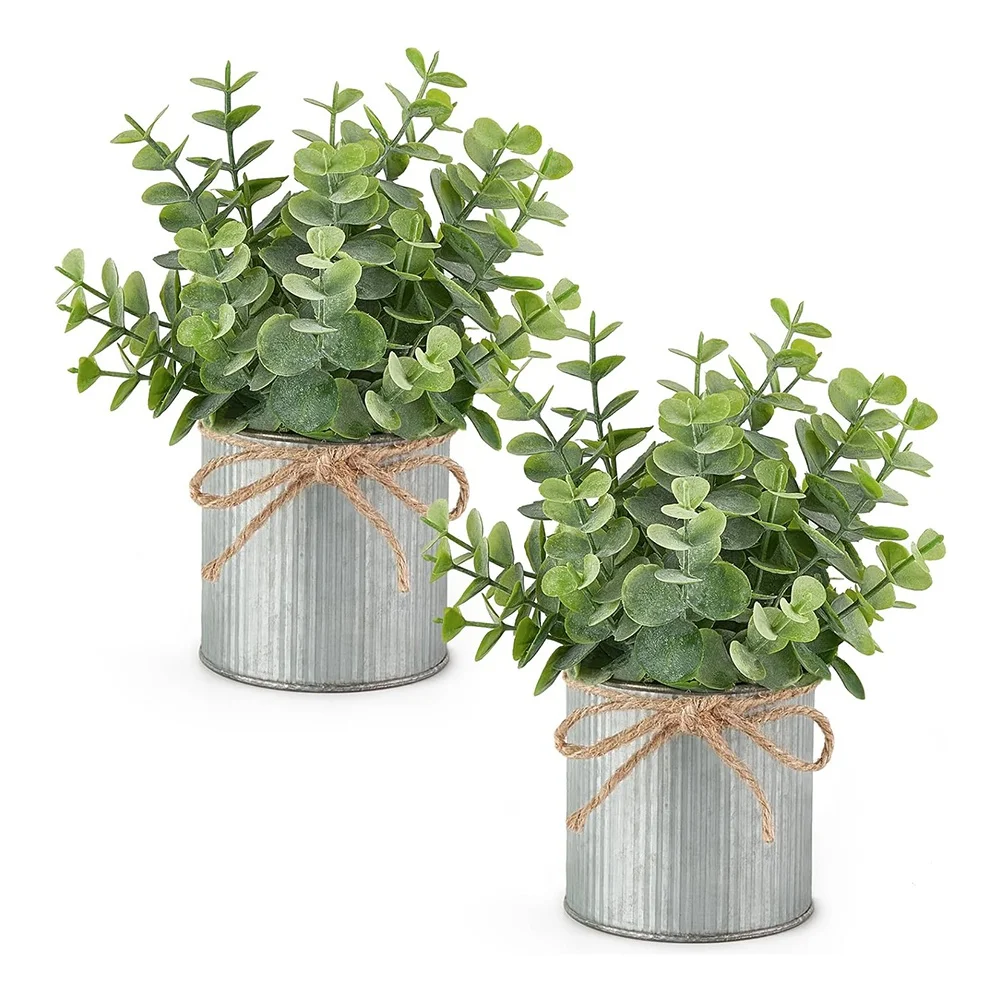 AT16 2 Packs Small Fake Plants in Farmhouse Galvanized Pots Table Centerpiece Mini Faux Eucalyptus Potted Artificial Plants