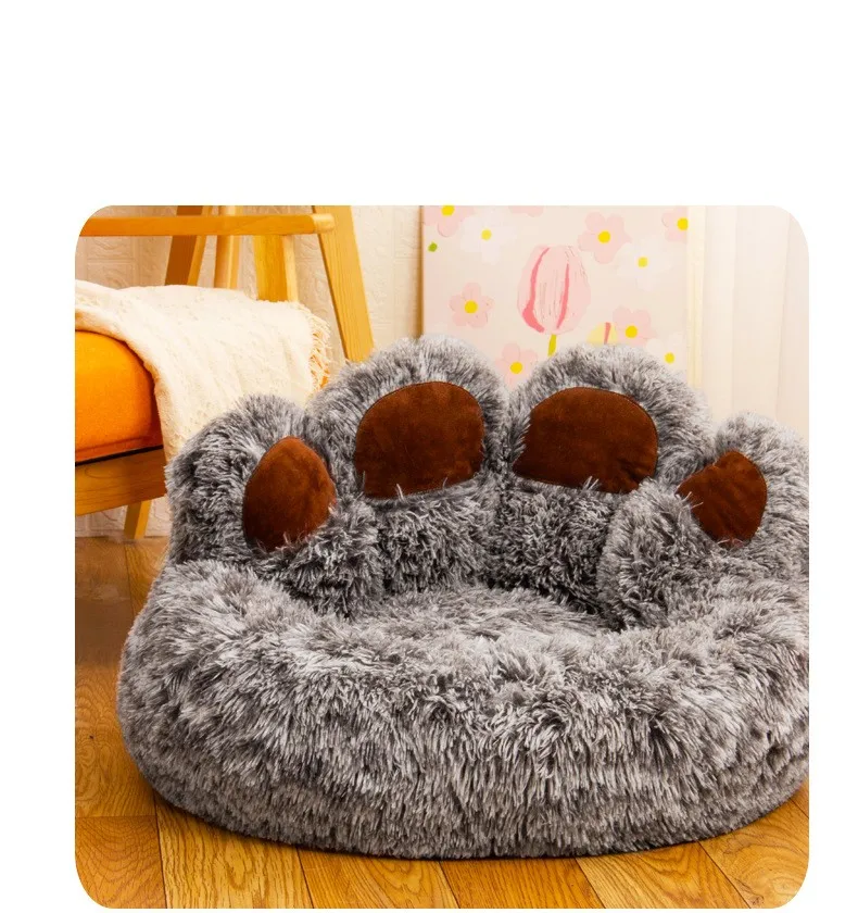 Warm Bear Paw Shape Super Soft Cushion Calm Beds High Quality Dog Bed Cat Mat Round Large Pet House Long Plush Deep Sleeping bed