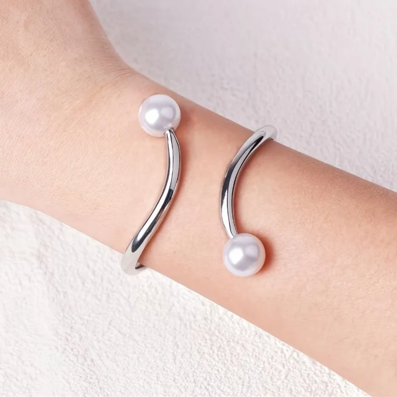 Punk Style Gold Color Geometric Imitation Pearl Open Bracelet Men's and Women's Hip-hop Trendy Jewelry Accessories