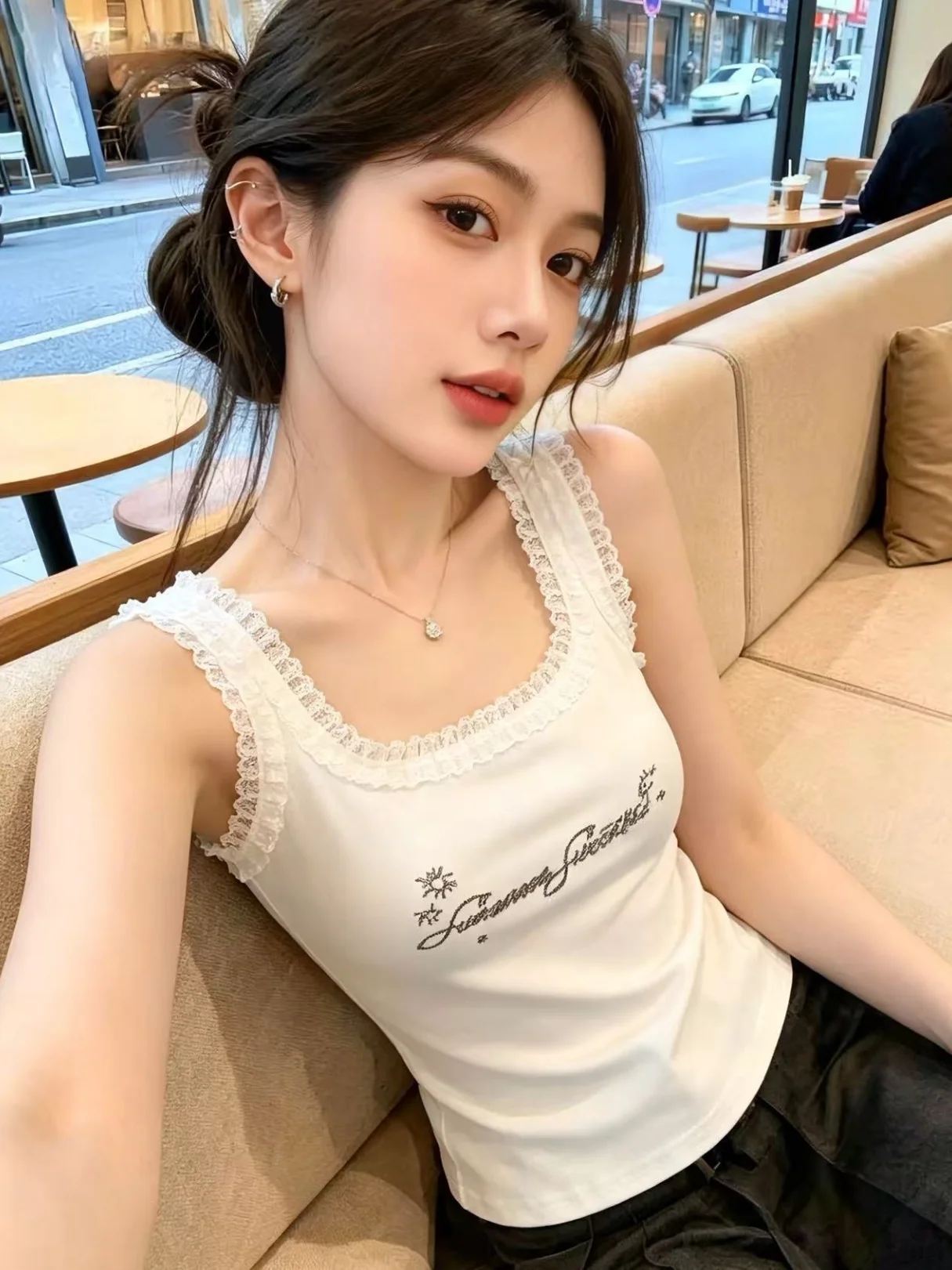 

Summer New Style Women's Lace Trim Letter Print Halter Neck Tank Top Self-Preserving Design Korean Style Slim Fit Silk Fabric