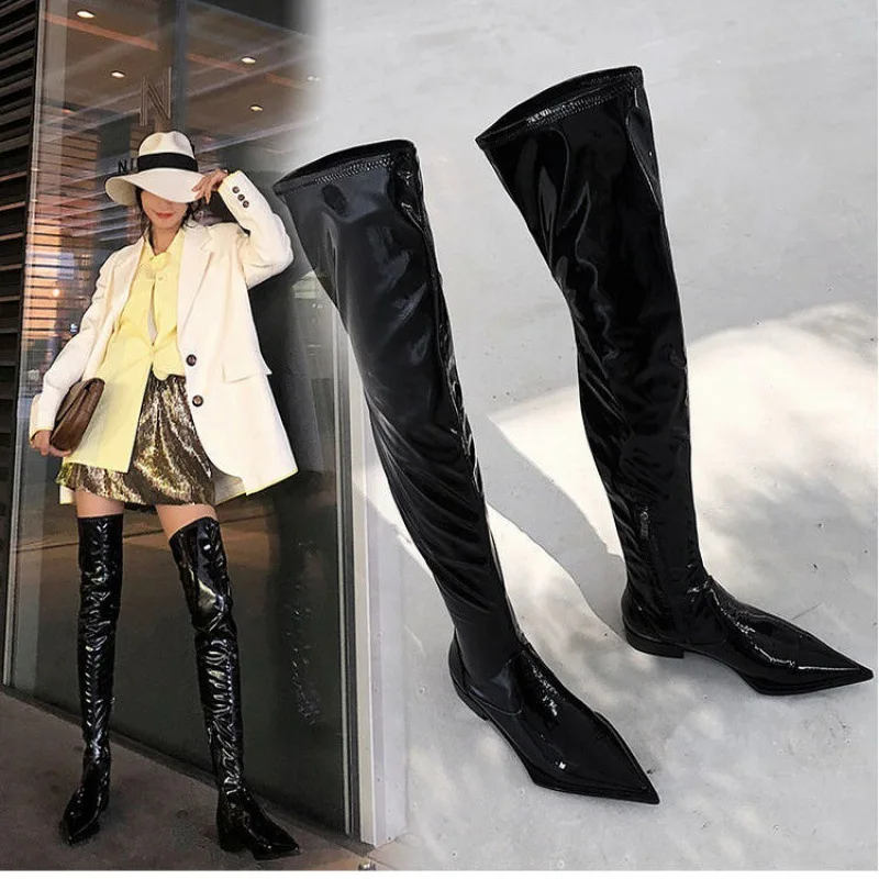 

Women's boots soft leather over the knee boots patent leather flat with pointed elastic boots heel height 3CM tube height 60CM