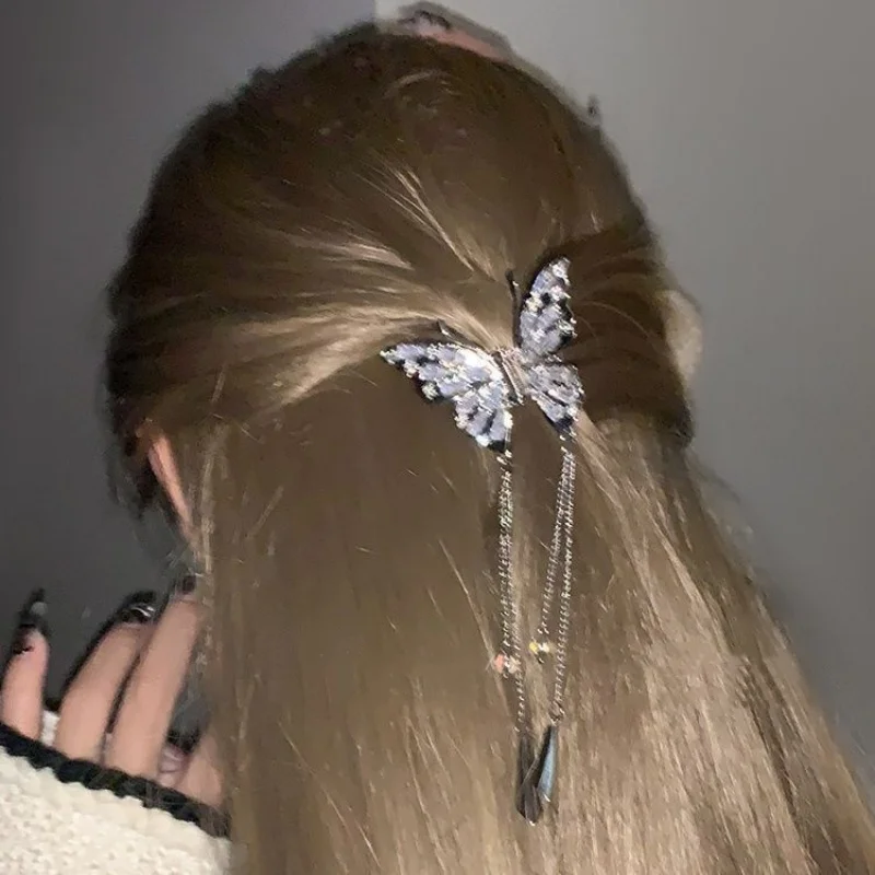 1PC Butterfly Metal Hair Grip Clip Female Senior Feeling Half Tie Hair Hair Clip New Chinese Tassel Small Shark Clip Hair Access