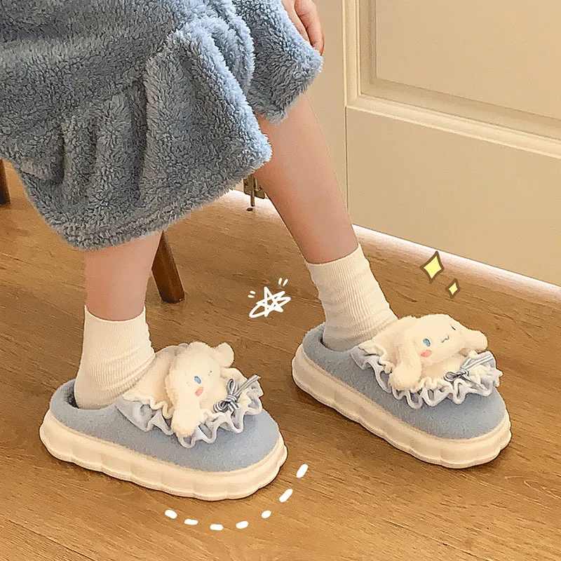 Sanrio Blue Cinnamoroll Cotton Slippers Winter Cartoon Hello Kitty Pink Plush Warm Shoes Non-Slip Soft Thick Soled Home Slippers