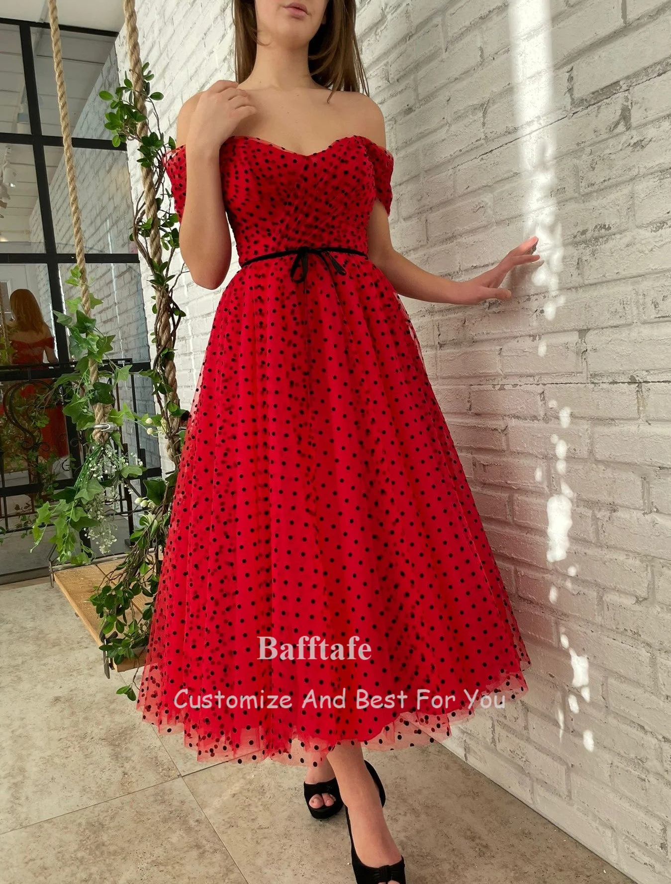 Red Tulle Black Polka Dots Prom Party Dresses Ankle Length Midi Formal Homecoming Gowns Pleated Women Evening Dress Customized