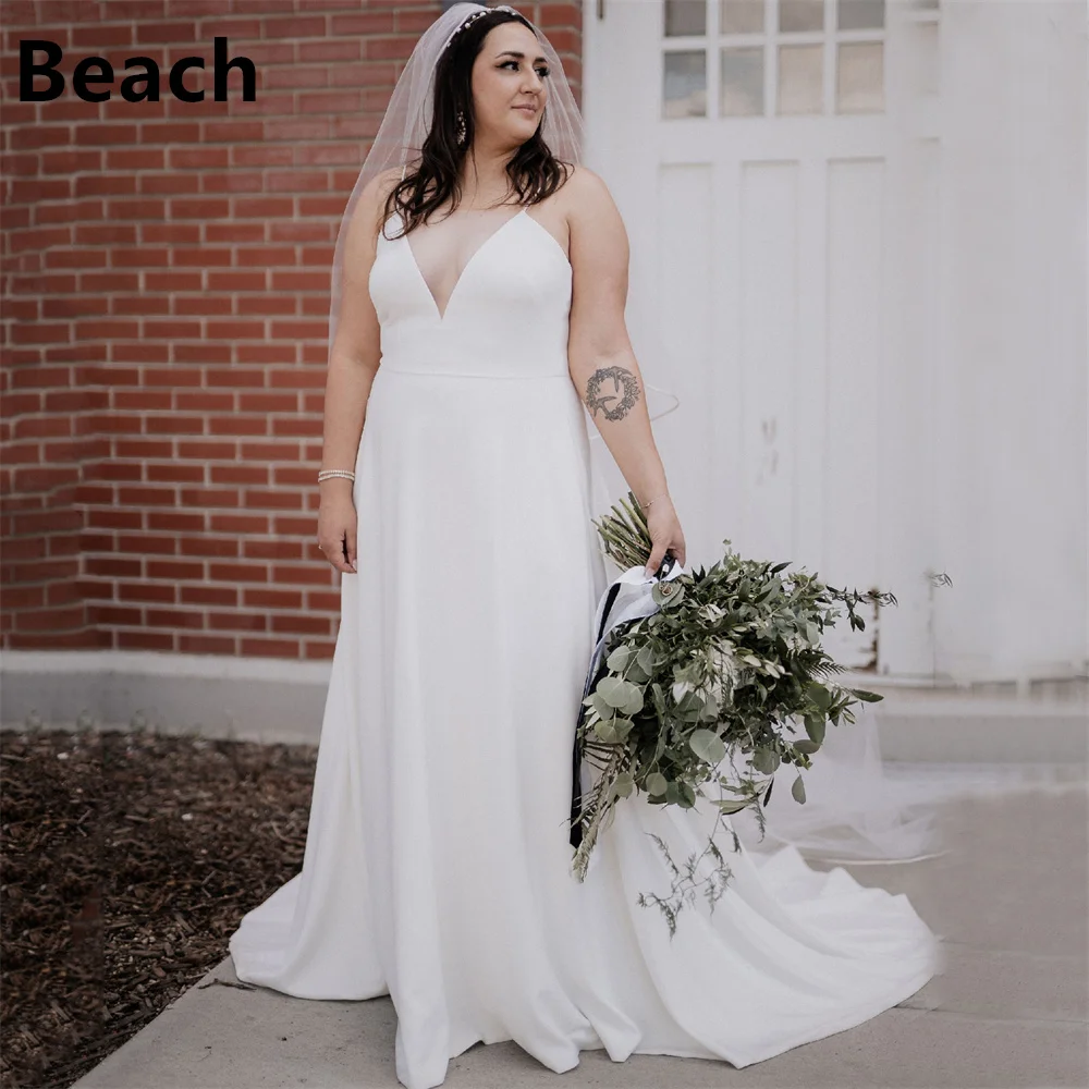 

Beach Spaghetti Satin Wedding Dress Sleeveless Backless Big Size Bridal Gowns Simple Train Beach Bride Dress