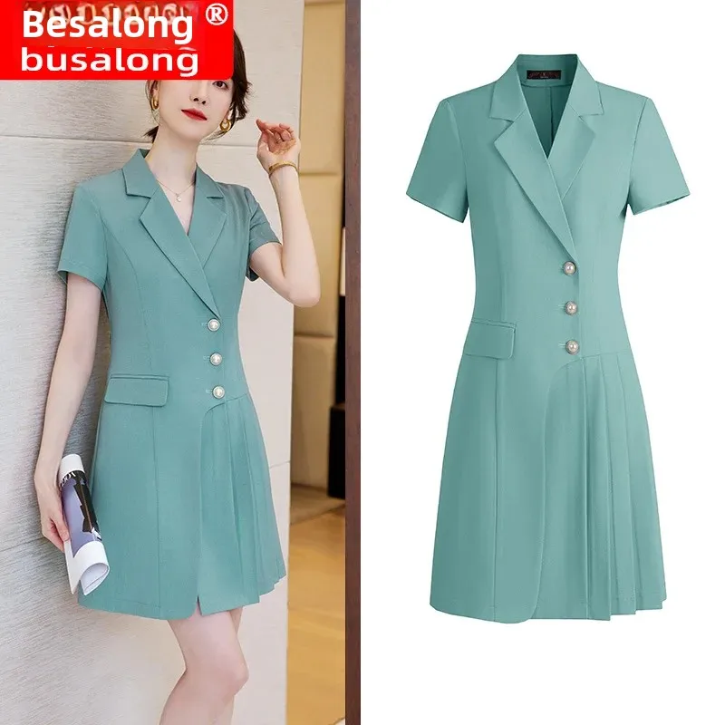 2024 New Women's Short Sleeve Suit Collar Dress Elegant Professional Workwear Slimming Fit Waist-Length Dress 5101