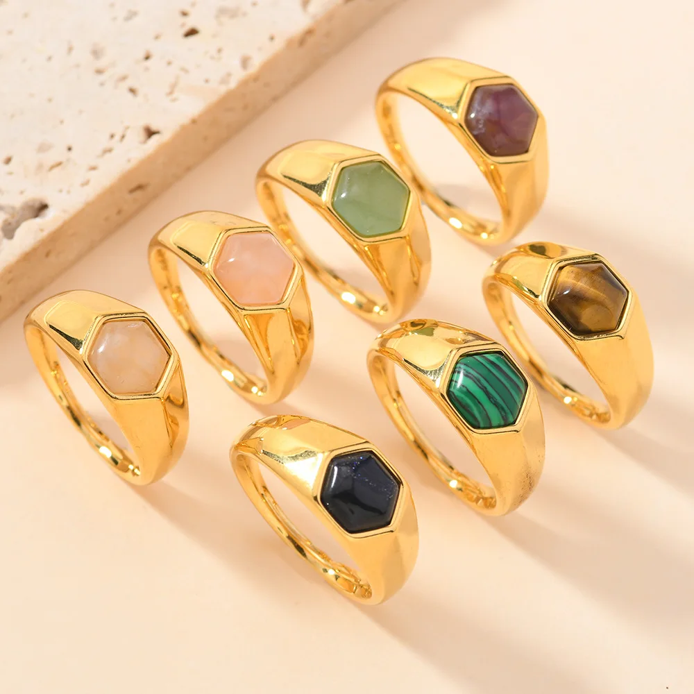 

6pcs 18K Gold Stainless Steel Ring Minimalist Band Inlay Hexagonal Stone Gemstone Unisex Matching Couple Rings Size 6-10