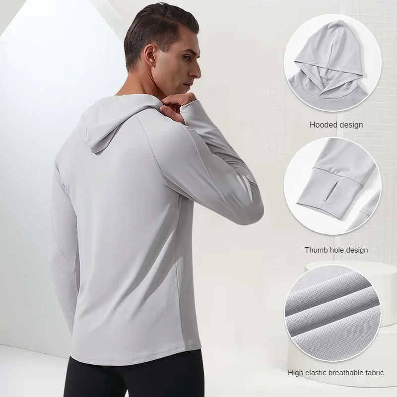 2024 Sports Long Sleeved Sweatshirt for Man Sports Fitness Gym Running Casual Pullover TopsNew Men Black Gray Hoodie Thumb Hole