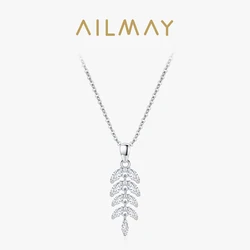 Ailmay Pure 925 Sterling Silver Luxury Leaves Sparkling Zircon Pendant Necklace For Women Wedding Engagement Fine Jewelry Gifts